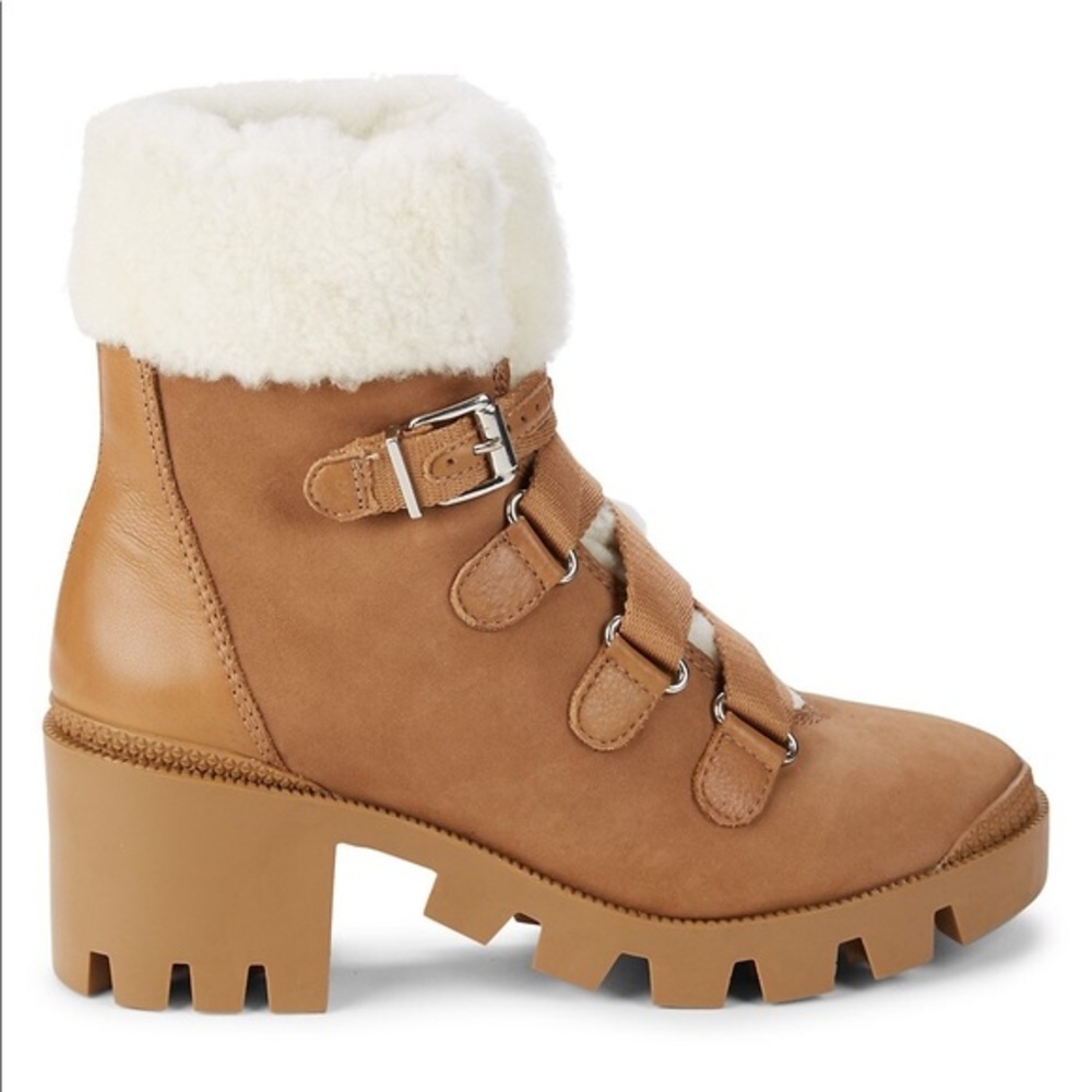 🆕 BNIB Schutz Aretuza Shearling Lined Suede Chunky Lace Up Boots Sandstone 7